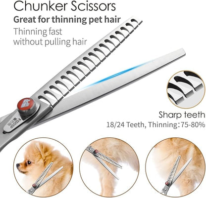 Professional Dog Grooming Scissors Kit Japan 440C Stainless Steel 7 in Curved Thinning Straight Chunker Shears and Comb 5pcs Set for Grooming Dogs Cat Pet