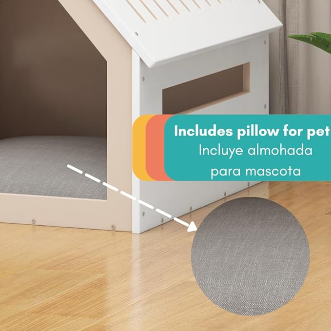 Medium House for Pets, Wooden House for Pets for Interiors, Resistant Wood with Cushion for Dog Included, Minimalist, Elegant and Resistant, 18x18x18 in, Matte White