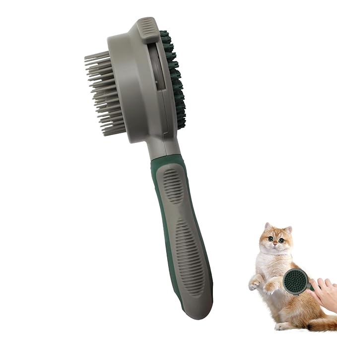 WishLotus Pet Brush, Double Sided Massaging Cat Hair Brush Retractable Self Cleaning Soft Pet Grooming Brush with Comfortable Handle for Grooming and Cleaning Pet Loose Hairs (Green)