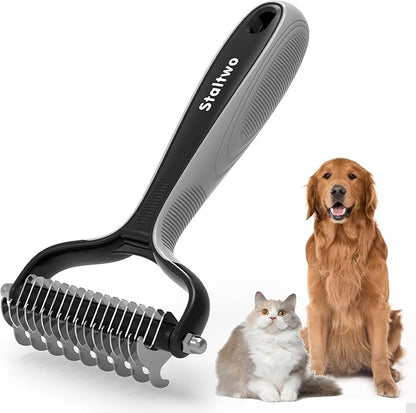 Pet Grooming Supplies - 2-in-1 Professional Undercoat Rake and Pet Brush | Shedding Control for Long-Haired Dogs and Cats, Deshedding Tool, Knot Removal,Grey