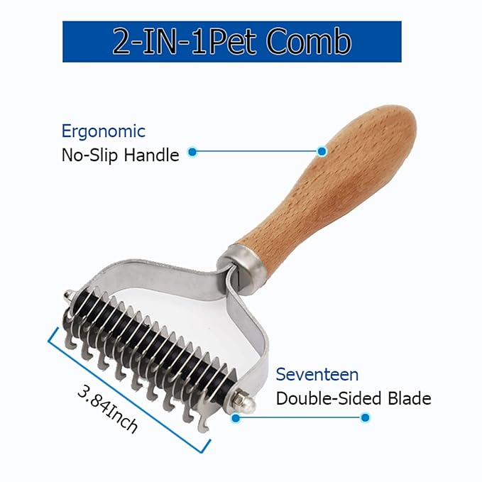 Pet Hair Brush with Wood Handle and a Small Comb for Dogs and Cats, TOMARK 2 Sided Detangler Brush Tool For Cutting Removing Mat, Knots, Tangles & Matted Hair, 17-Blade Deshedding Brush for Groomers, Pet Owners