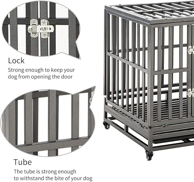 KELIXU 38” Heavy Duty Dog Crate Large Dog Cage Metal Dog Kennels and Crates for Large Dogs Indoor Outdoor with Locks, Lockable Wheels and Removable Tray, Easy to Install, Black