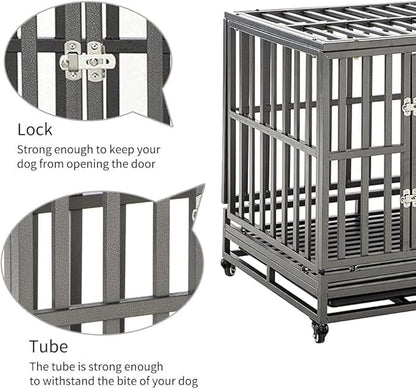 KELIXU 38” Heavy Duty Dog Crate Large Dog Cage Metal Dog Kennels and Crates for Large Dogs Indoor Outdoor with Locks, Lockable Wheels and Removable Tray, Easy to Install, Black