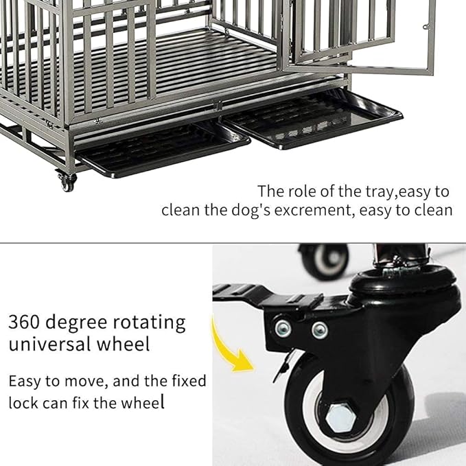 KELIXU 42” Heavy Duty Dog Crate Large Dog Cage Metal Dog Kennels and Crates for Large Dogs Indoor Outdoor with Locks, Lockable Wheels and Removable Tray, Easy to Install, Black