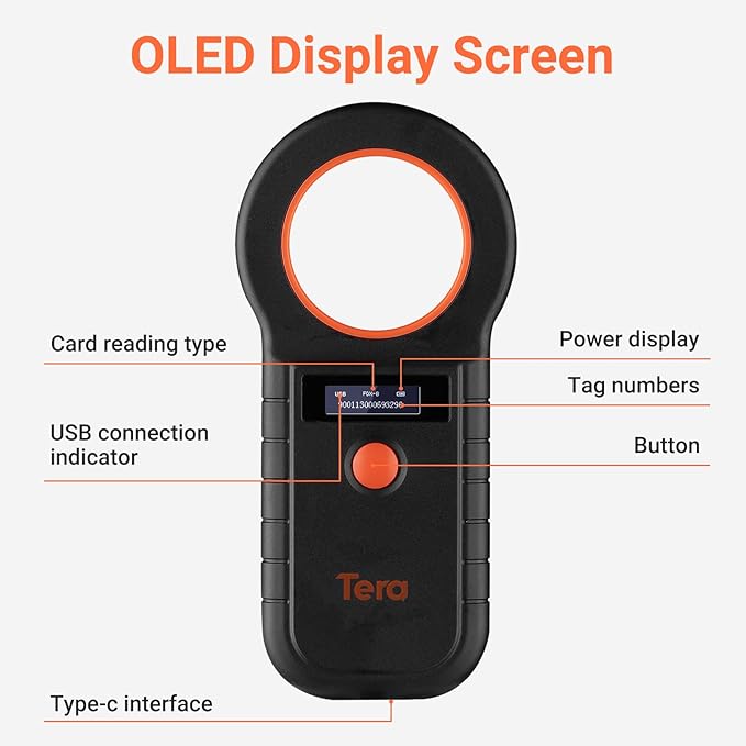 Tera Portable Pet Microchip Scanner - Works with Bluetooth 2.4G Wireless Wired USB Animal Tag Reader with OLED Display Screen Rechargeable Data Storage EMID FDX-B(ISO11784/85) for Pet W90D