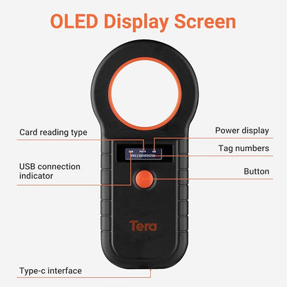 Tera Portable Pet Microchip Scanner - Works with Bluetooth 2.4G Wireless Wired USB Animal Tag Reader with OLED Display Screen Rechargeable Data Storage EMID FDX-B(ISO11784/85) for Pet W90D