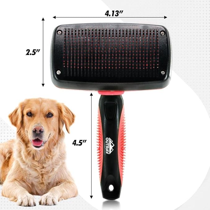 Outrav Self Cleaning Slicker Brush Dog & Cat Grooming Tool with Retractable Bristles Red, Animal Print, 1 Count (Pack of 1), Assembled, Metal & Rubber Construction, 7 Inches