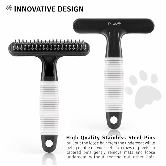 POODLIE Poodle Pet Dog Grooming Rake | Dematting Tool with Stainless Steel Shedding Comb for Pets | 2 Rows of Pins Gently Remove Loose or Tangled Hair from Undercoat (Black)