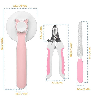 Grooming Brush with Release Button - Nail Trimmer, Hair Cleaner Brush for Shedding Long or Short Hair Cats and Dogs, Pet Massage Brush Pink