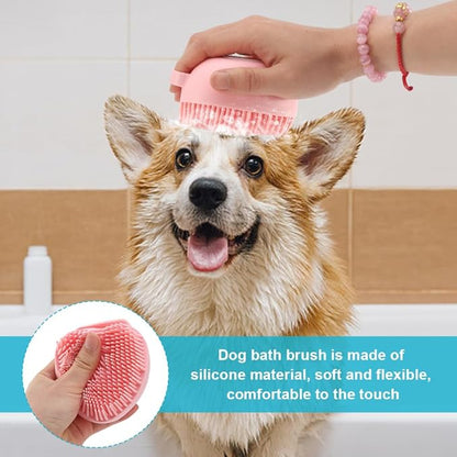 iayokocc 2Pcs Dog Cat Bath Brush Soft Silicone Dog/Puppy Massage Brush Hair Fur Grooming Cleaning Brush with Shampoo Dispenser,for Long Short Haired Pets,with 2Pcs Pet Flea Comb.