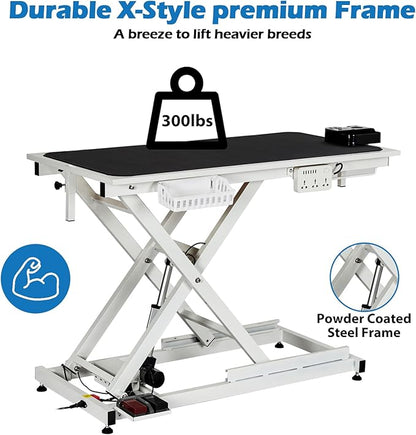 Professional Electric Dog Grooming Table Heavy Duty Pet Grooming Table Height Adjustable w/Leveling Wheels, Dog Grooming Arm, Anti Slip Tabletop &Tool Organizer, Dog Grooming Station 50" White
