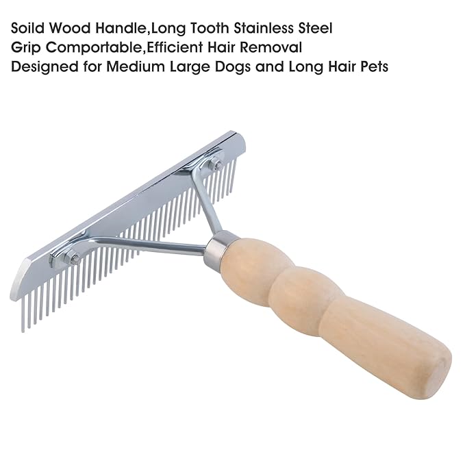 Undercoat Grooming Rake with Anti-Slip Wooden Handle, Steel Comb for Medium & Large Pets