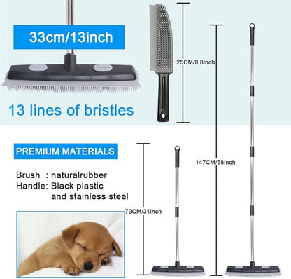 Pet Hair Rubber Broom with Carpet Rake and Pet Brush, 2 in 1 Floor Brush for Carpet, 62 inch Adjustable Handle