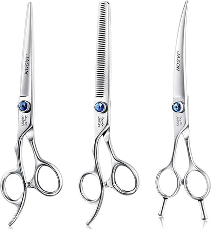 JASON Left Handed 7" Dog Grooming Scissors Set, 3 in 1 Ergonomic Blending, Curved, Straight Cat Pet Hair Trimming Thinning Professional Kits with Offset Handle and a Jeweled Screw