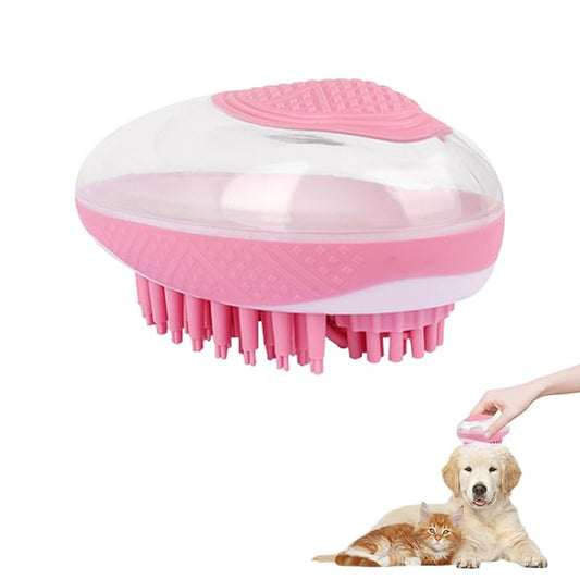 WishLotus Pet Bath Brush, Puppy Massage Brush with Shampoo Dispenser Pet Grooming Tool for Small Animals Soft Silicone Dog Shower Brush for Long Short Haired Dog and Cat Washing (Pink)