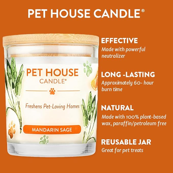 One Fur All 100% Natural Soy Wax Candle, 20 Fragrances - Pet Odor Eliminator, Appx 60 Hrs Burn Time, Non-toxic, Reusable Glass Jar Scented Candles – Pet House Candle, Mandarin Sage