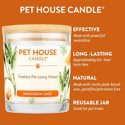 One Fur All 100% Natural Soy Wax Candle, 20 Fragrances - Pet Odor Eliminator, Appx 60 Hrs Burn Time, Non-toxic, Reusable Glass Jar Scented Candles – Pet House Candle, Mandarin Sage