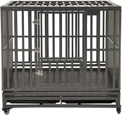 KELIXU 42” Heavy Duty Dog Crate Large Dog Cage Metal Dog Kennels and Crates for Large Dogs Indoor Outdoor with Locks, Lockable Wheels and Removable Tray, Easy to Install, Black