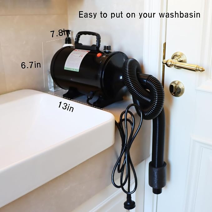 Rovitta Dog Dryer, Dog Blow Dryer, High Velocity Professional Pet Grooming Dryer for Large Dogs, Adjustable Temperature and Speed, 4 Different Exhaust Nozzles, Anti-hot Grip, with Brush