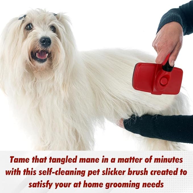 Outrav Self Cleaning Slicker Brush Dog & Cat Grooming Tool with Retractable Bristles Red, Animal Print, 1 Count (Pack of 1), Assembled, Metal & Rubber Construction, 7 Inches