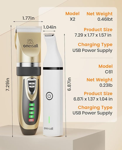 oneisall Dog Clippers and Dog Paw Trimmer Kit 2 in 1 Low Noise Cordless Dog Clippers for Grooming Pet Hair Trimmers for Small and Large Dogs Cats Animals