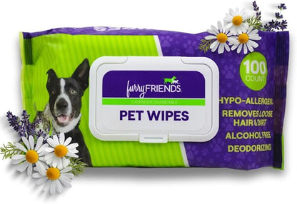 FurryFriends Pet Wipes | Lavender Chamomile Scented | Hypo-allergenic | Alcohol Free| Deodorizing | Removes Loose Hair & Dirt | Incredibly Clean | 100 ct. 1 Pack