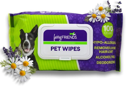 FurryFriends Pet Wipes | Lavender Chamomile Scented | Hypo-allergenic | Alcohol Free| Deodorizing | Removes Loose Hair & Dirt | Incredibly Clean | 100 ct. 1 Pack