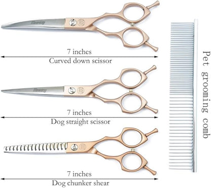 Moontay 6.5" Professional Pet Grooming Scissors Set, 3-pieces Dog Cat Grooming Straight & Curved & Chunker Shears/Scissors with 1 Grooming Comb, 440C Japanese Stainless Steel Grooming Scissor, Gold
