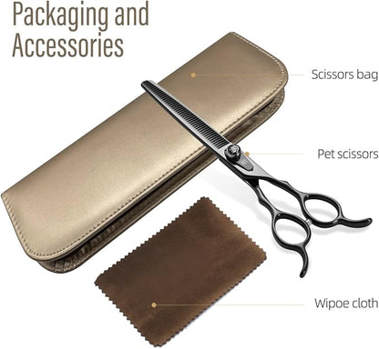 Dog Grooming Scissors: 7.5 inch Bright Black Pet Thinning Shears Made Of Japanese 440C Advanced Stainless Steel Professional Grooming Scissors for Dogs Cats and Other Pets