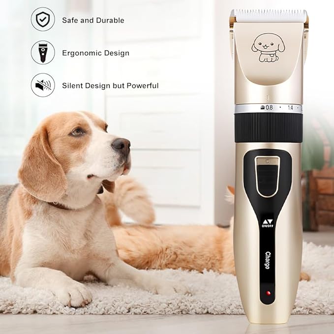 Pilarmuture Dog Grooming Clippers, Dog Hair Clipper with 4 Guard Combs, Low Noise Rechargeable Electric Cat Shaver Shears Tools for All Pets, Dog Trimmer for Grooming, Dog Shaver, Gold