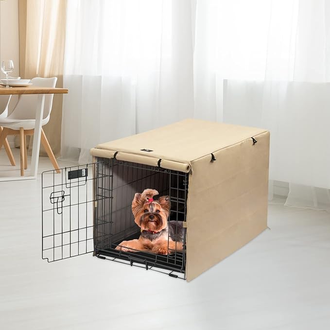 X-ZONE PET Double Door Dog Crate Cover - Polyester Pet Kennel Cover (Fits 24 30 36 42 48 inches Wire Crate) (24 Inch, Tan)