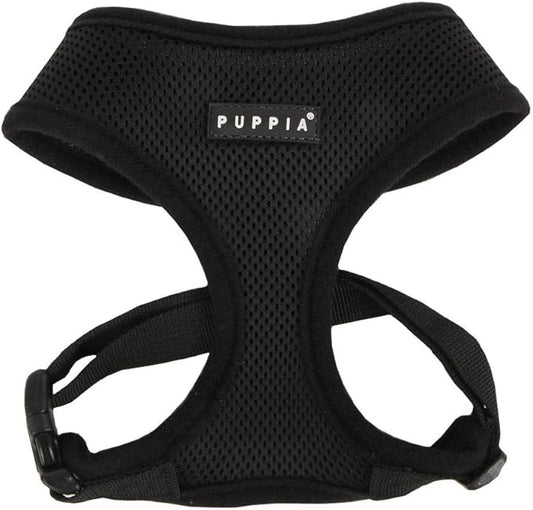Puppia Soft Dog Harness No Choke Over-The-Head Triple Layered Breathable Mesh Adjustable Chest Belt and Quick-Release Buckle, Black, X-Small