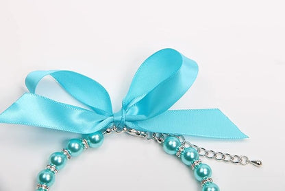 Dog Cat Pearls Necklace Collar with Bling Accessories and Ribbon Bow Pet Puppy Jewelry for Female Dogs Cats Small Medium (S, Blue)