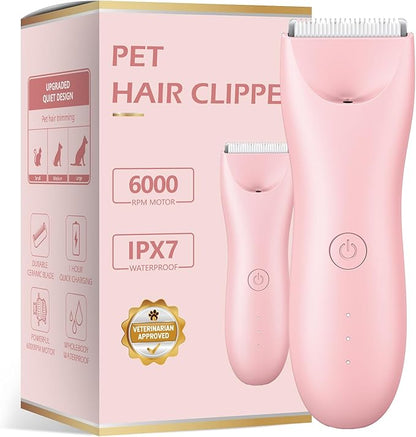 Quiet Dog Hair Clipper,Lightweight 6000RPM Powerful Quick Charged Hair Remover Waterproof Paw Hair Trimmer Kits for Dogs and Cats Pink