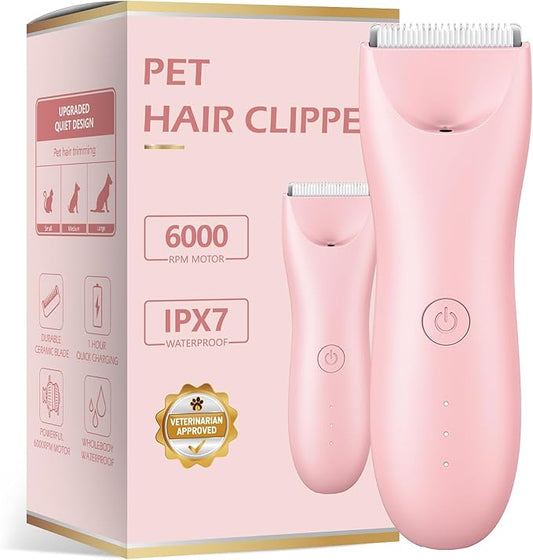 Quiet Dog Hair Clipper,Lightweight 6000RPM Powerful Quick Charged Hair Remover Waterproof Paw Hair Trimmer Kits for Dogs and Cats Pink