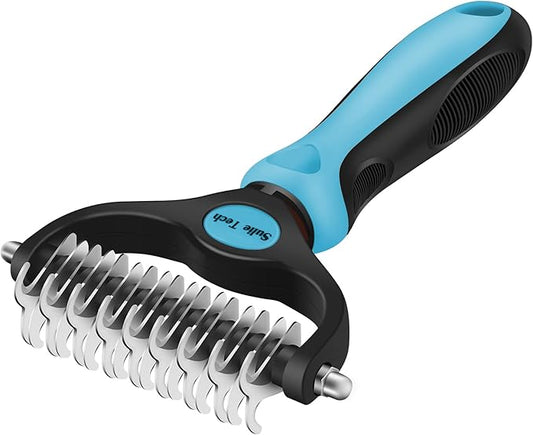 Pet Grooming Brush, Dematting Undercoat Rake Comb, Double Sided Shedding, to Remove Mats, Knots and Tangles Gently (Blue)