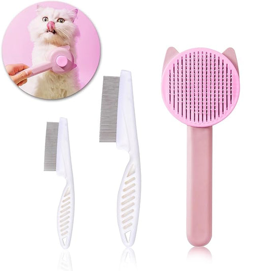 Pet Grooming Brush Kit for Cat and Dog, Hair Massage Cleaner with Release Button, 2 Flea Combs for Shedding Removing Tangles Loose Fur Self Cleaning Accessories, Pink (3 Pieces Set)