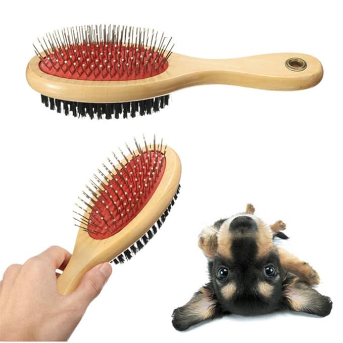Combo Pin & Bristle Grooming Brush for Dogs and Pets with Durable Handle