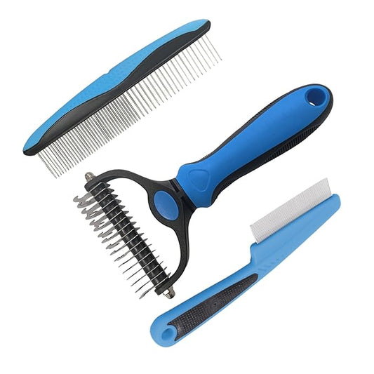 Pet Grooming Kit - Deshedding Brush with Metal Comb and Flea Comb for Detangling and Removing Matted Fur, Fleas on Cats and Dogs