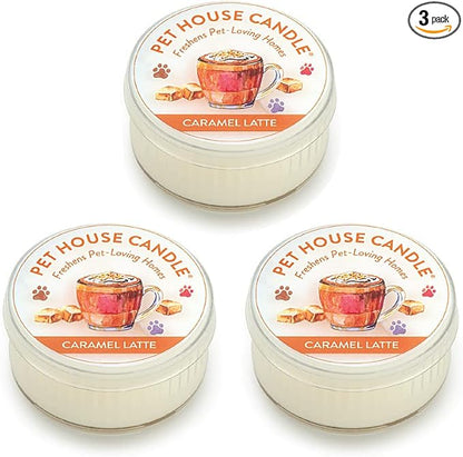 One Fur All Pet House Mini Candle Set - Caramel Latte 3 Pack - Pet-Friendly Natural Wax Odor Eliminator