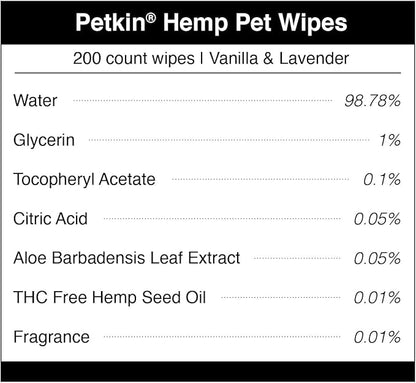 Petkin Hemp Pet Wipes for Dogs and Cats - with Hemp Oil & Calming Lavender Scent, 200 Count - Soothes, Calms & Conditions - Wipes for Pet's Face, Eyes and Body - for Home or Travel