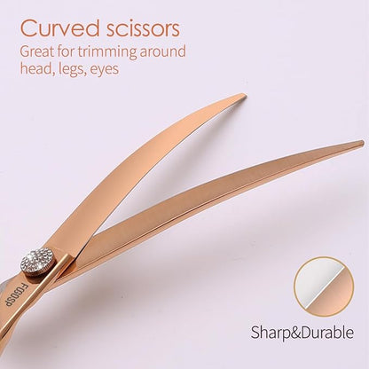 Rose Gold Titanium Curved Dog Grooming Scissors Reverse 7.5'' Downward 30° with Jewelled Screw Japan 440C Professional Pet Grooming Trimming Shears for Dogs Suzhi Teddy(7.5,Curved)