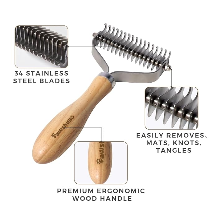 Undercoat Rake for Dogs - Professional Pet Shedding Dematting Comb with Wood Handle, Stainless Steel Blades for Pet Cats Dogs Matted Hair Tangles Removing
