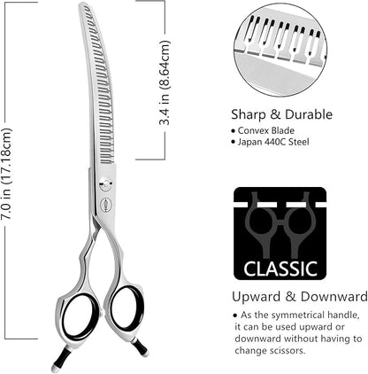 HASHIMOTO Curved Eraser Dog Grooming Scissors, 23 Teeth,7.0 Inch,80% Thinning Rate,Light Weight, Designed for Bulking off Coat Quickly.