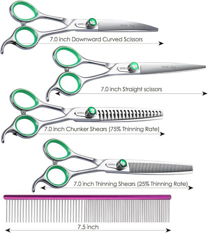 Professional Dog Grooming Scissors Kit Japan 440C Stainless Steel 7.0 in Curved Thinning Straight Chunker Shears and Comb 5pcs Set for Grooming Dogs Cat Pet
