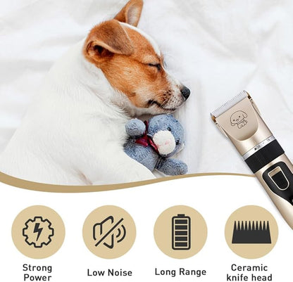 Pilarmuture Dog Grooming Clippers, Dog Hair Clipper with 4 Guard Combs, Low Noise Rechargeable Electric Cat Shaver Shears Tools for All Pets, Dog Trimmer for Grooming, Dog Shaver, Gold