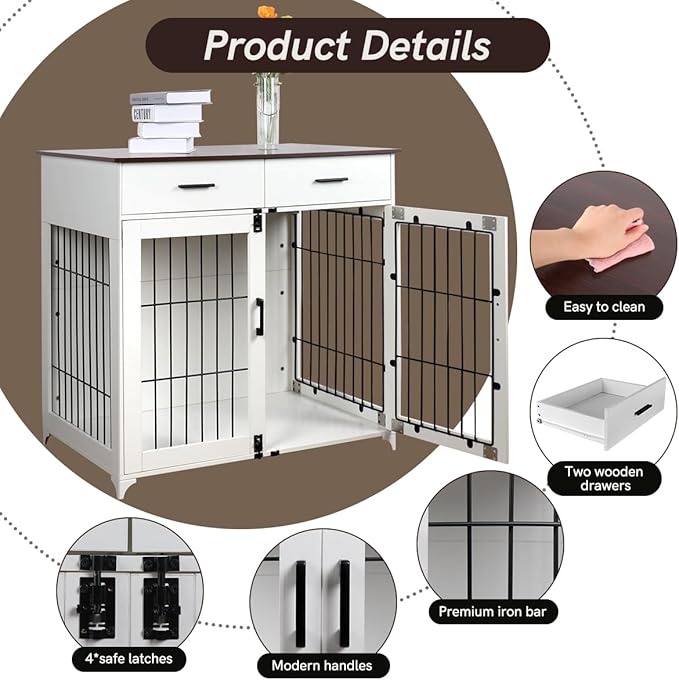 Snowtaros Dog Crate Furniture, 36.6 Inch Large Dog Crate with Drawers, Wooden Dog Kennel Indoor for Small Medium Large Dogs, Heavy Duty Dog Crate End Table with Double Doors