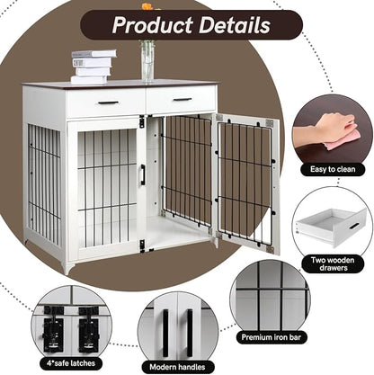 Snowtaros Dog Crate Furniture, 36.6 Inch Large Dog Crate with Drawers, Wooden Dog Kennel Indoor for Small Medium Large Dogs, Heavy Duty Dog Crate End Table with Double Doors