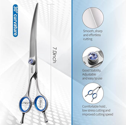 Left Handed Curved Scissors for Dog Grooming 7" Downward Professional Curved Shears Dog Grooming for Poodle Pet Cat Face Japan 440C Stainless Steel Super Sharp(7.0 curved)