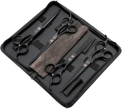 Moontay Professional 7.0" Dog Grooming Scissors Set, 4-pieces Straight, Upward Curved, Downward Curved, Thinning/Blending Shears for Dog, Cat and Pets, JP Stainless Steel, Black